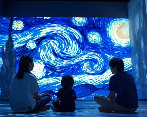 Três pessoas sentadas num espaço imersivo observam uma parede digital com a obra "A Noite Estrelada" de Van Gogh, representando o futuro da experiência digital na arte.