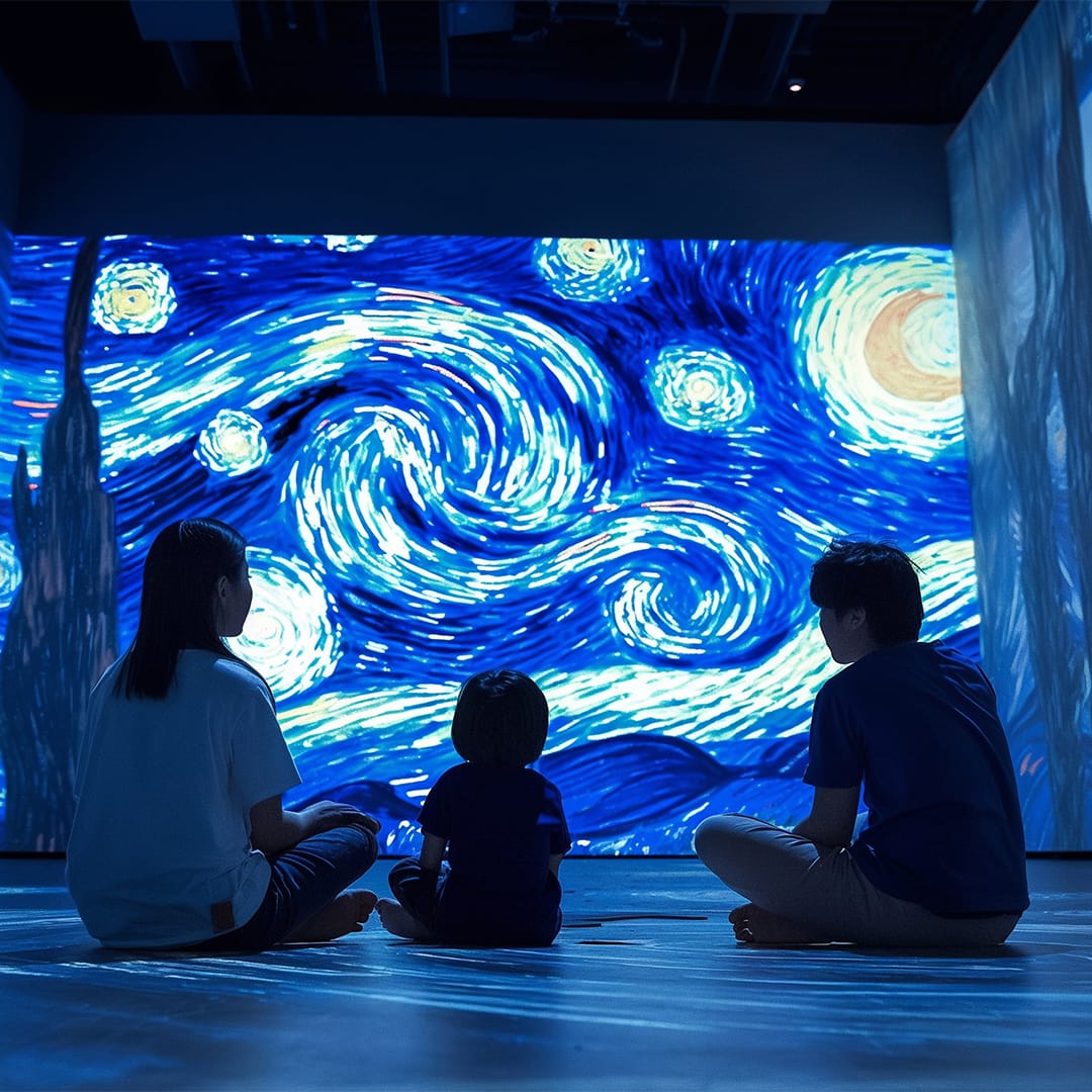 Três pessoas sentadas num espaço imersivo observam uma parede digital com a obra "A Noite Estrelada" de Van Gogh, representando o futuro da experiência digital na arte.