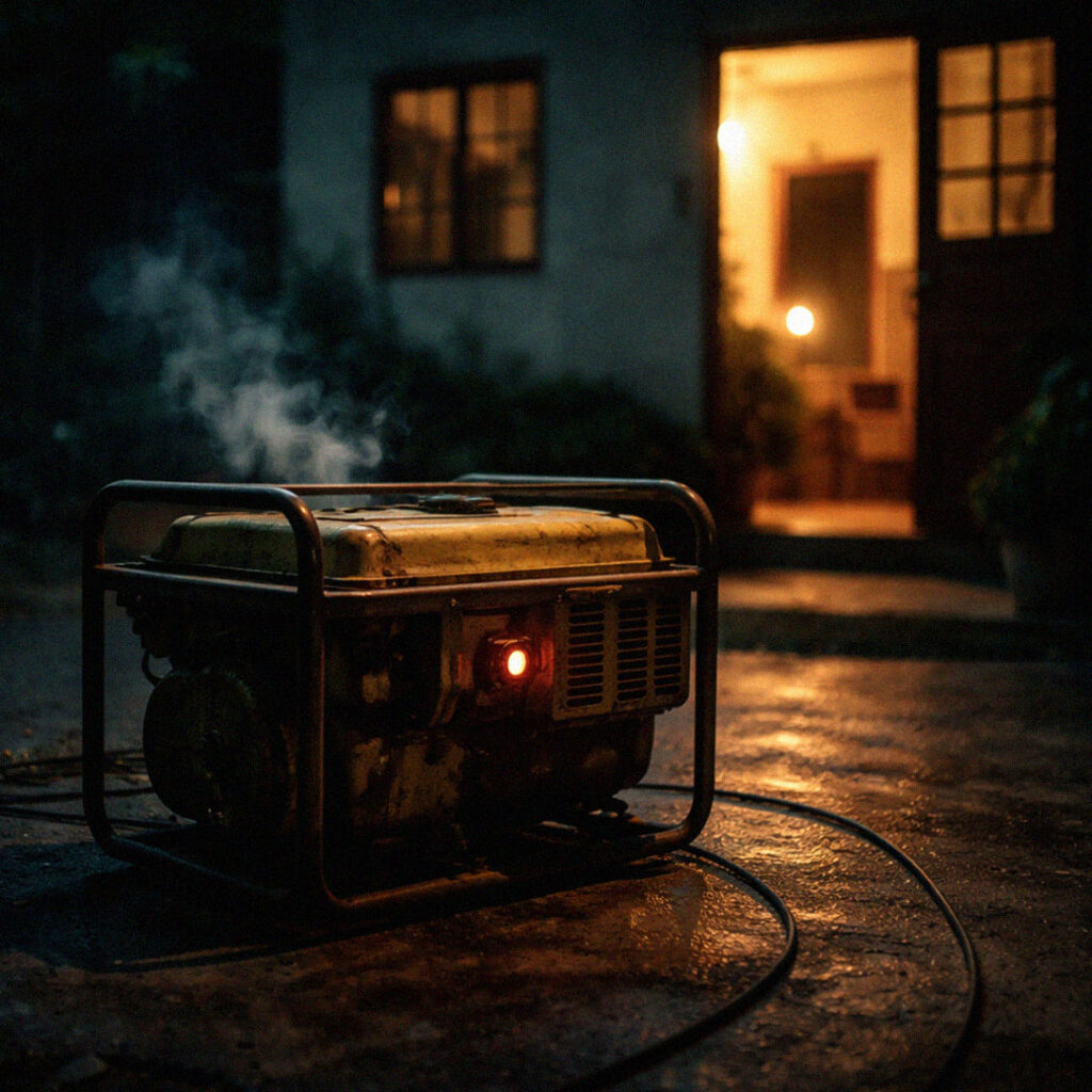Gerador portátil a funcionar no exterior de uma casa durante a noite.