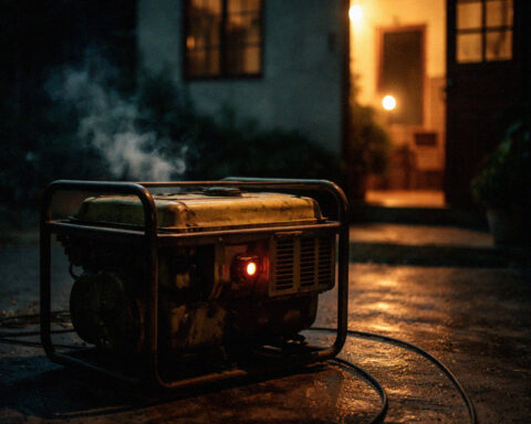 Gerador portátil a funcionar no exterior de uma casa durante a noite.