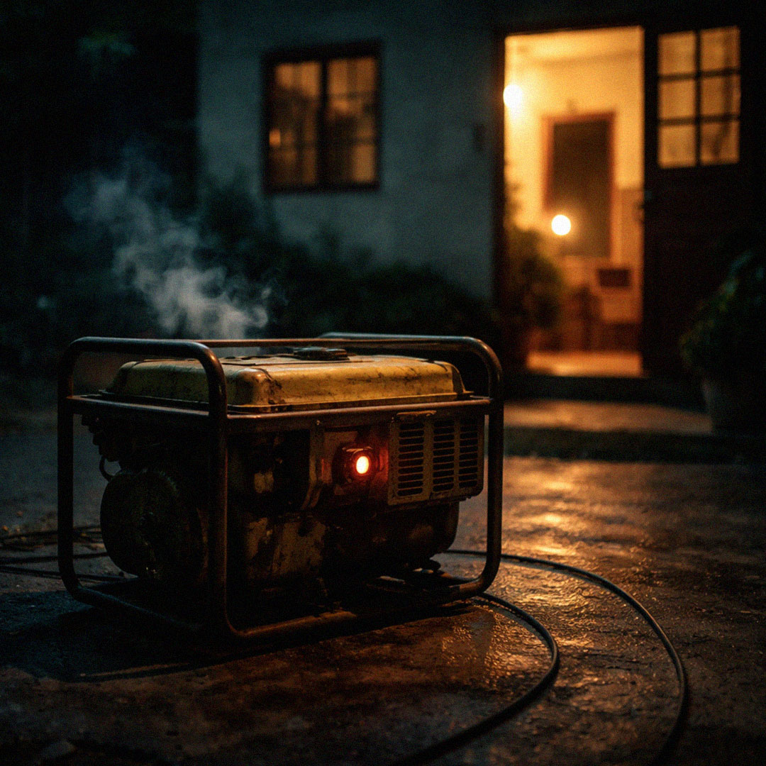 Gerador portátil a funcionar no exterior de uma casa durante a noite.